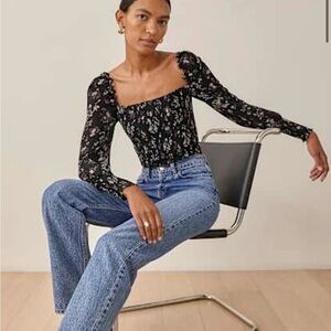 Reformation Pinto Smocked Top Jolene Ditsy Floral Print Cottagecore Black Small